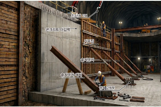 경사 지지대를 사용하는 기존 공법 설명도